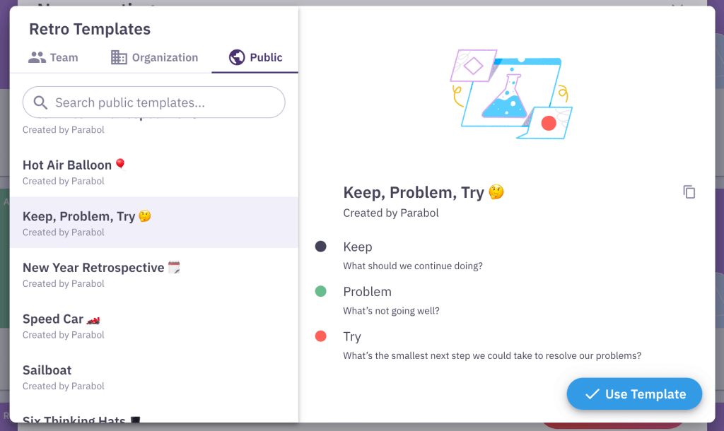 Keep Problem Try retrospective template in Parabol