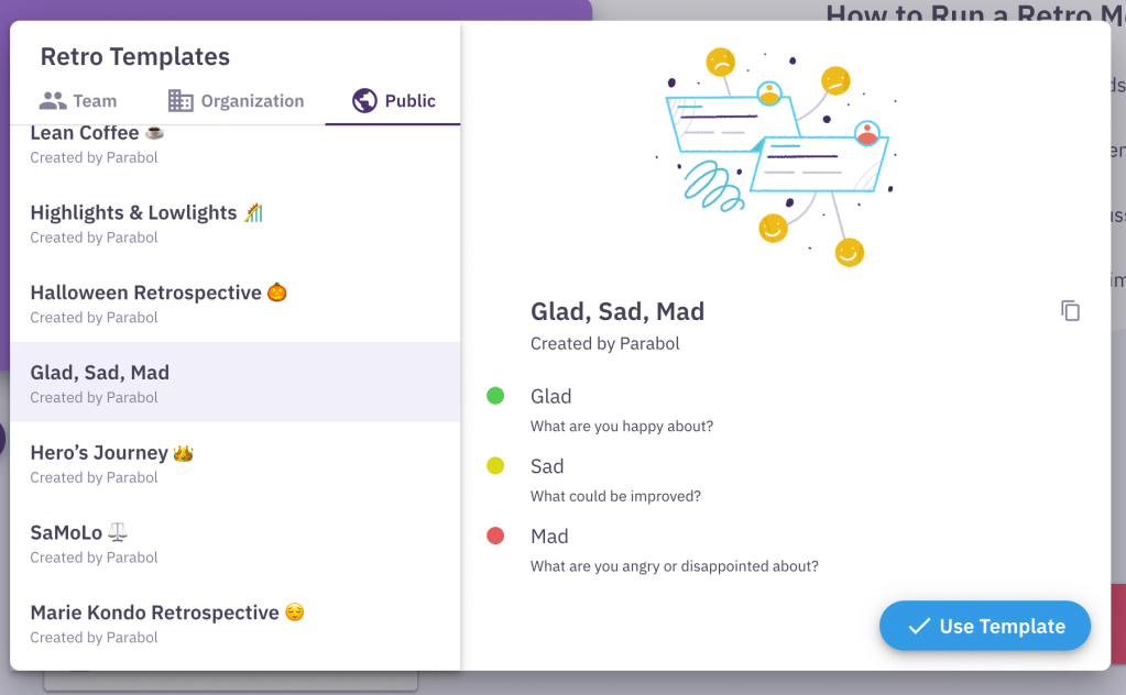 Mad Sad Glad retrospective template in Parabol