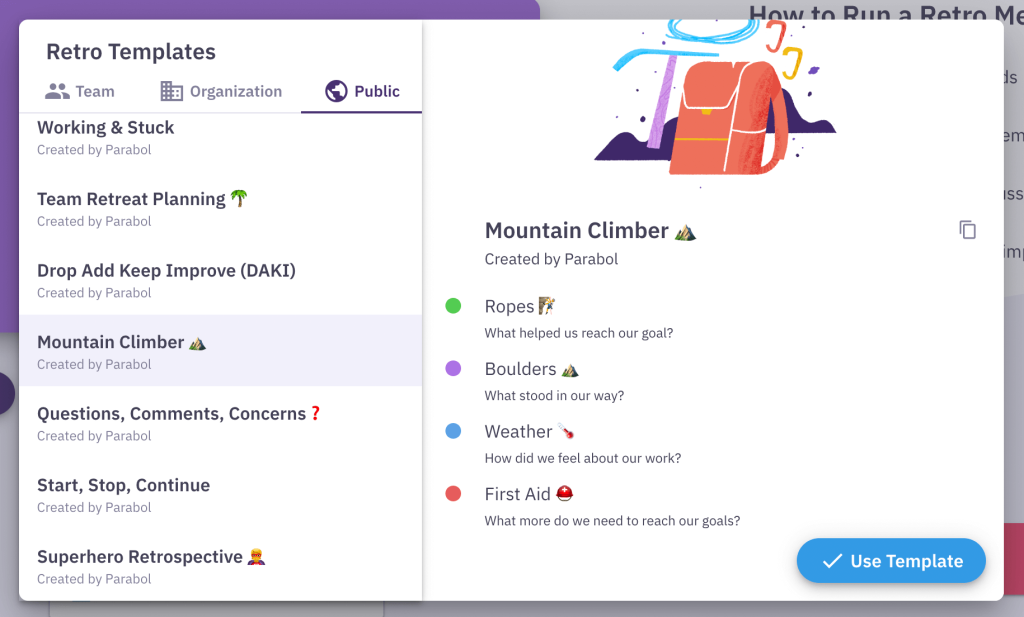 The mountain climber retrospective template in Parabol