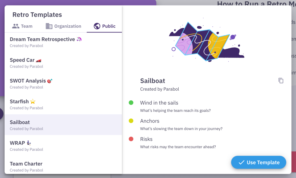 Sailboat retrospective template prompts in Parabol