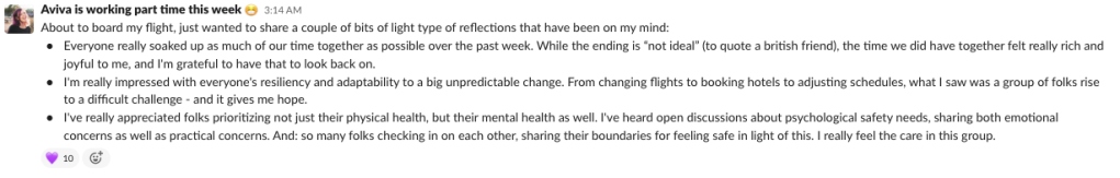 Slack message with Aviva's reflections on how the team handled our covid outbreak