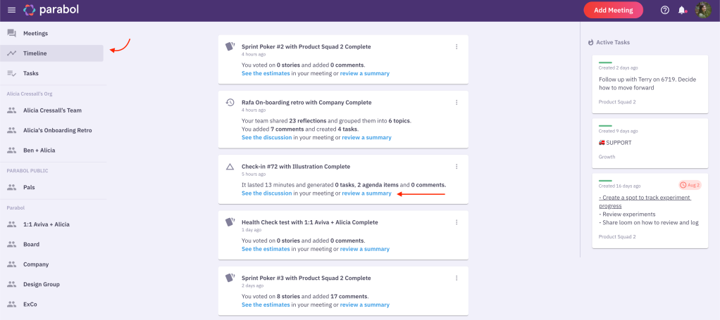 A screenshot showing the timeline link on the left and the "review a summary" link in the center