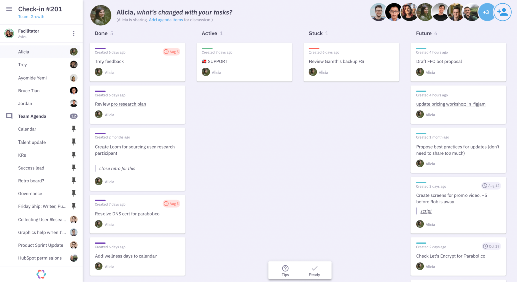 Team check-in tactical meeting interface in Parabol