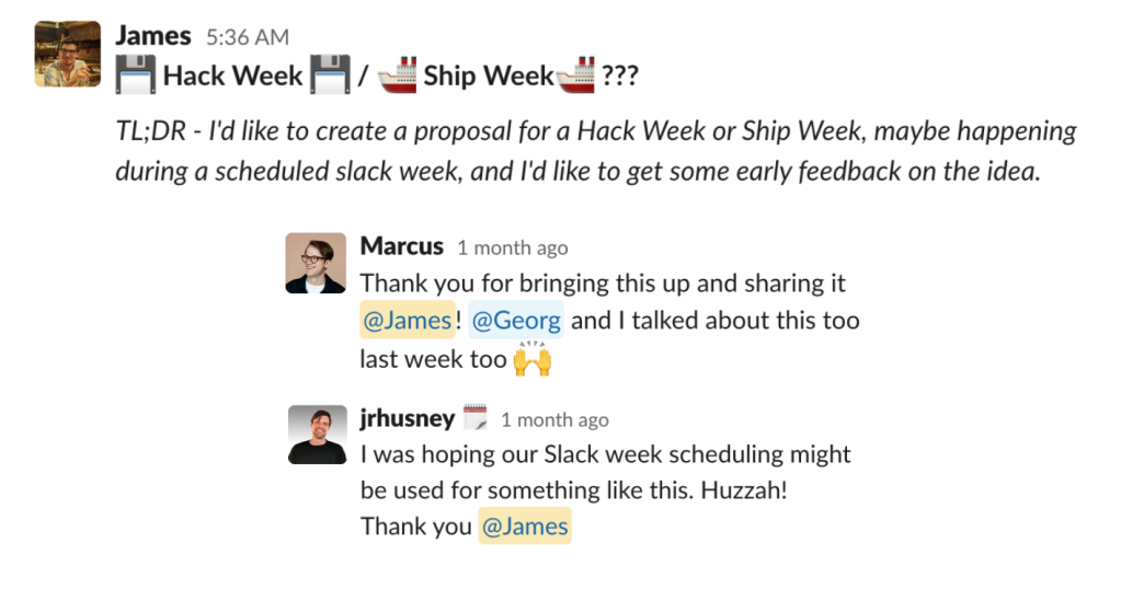 Slack message kicking off Hack Week