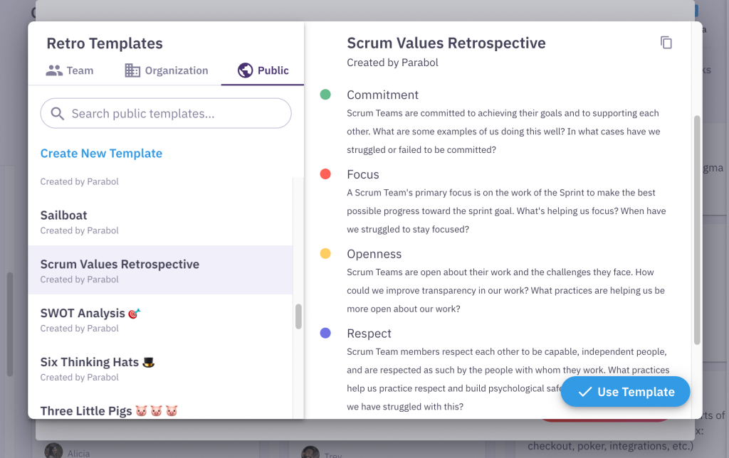 A view of the Scrum Values retrospective template within the Parabol platform.