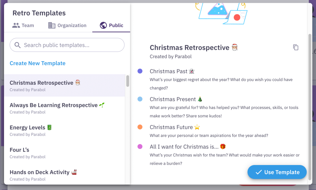 A screenshot of the christmas retrospective template in Parabol