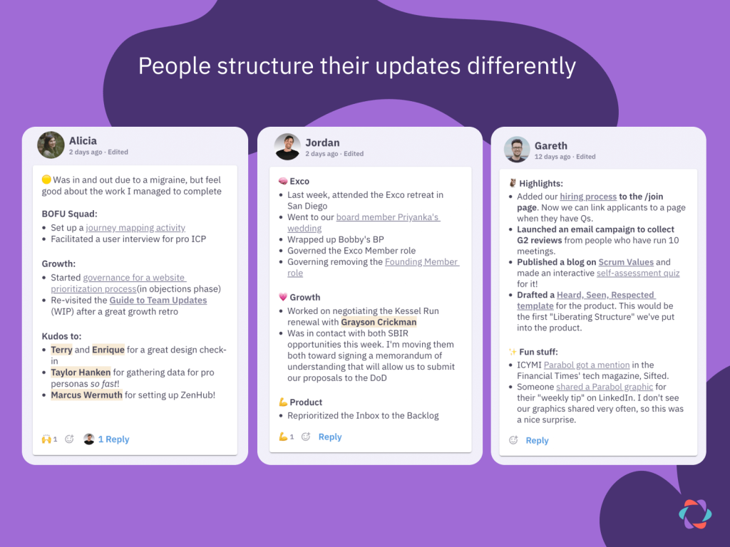 Graphic showing how three different Parabol members structure their weekly updates.