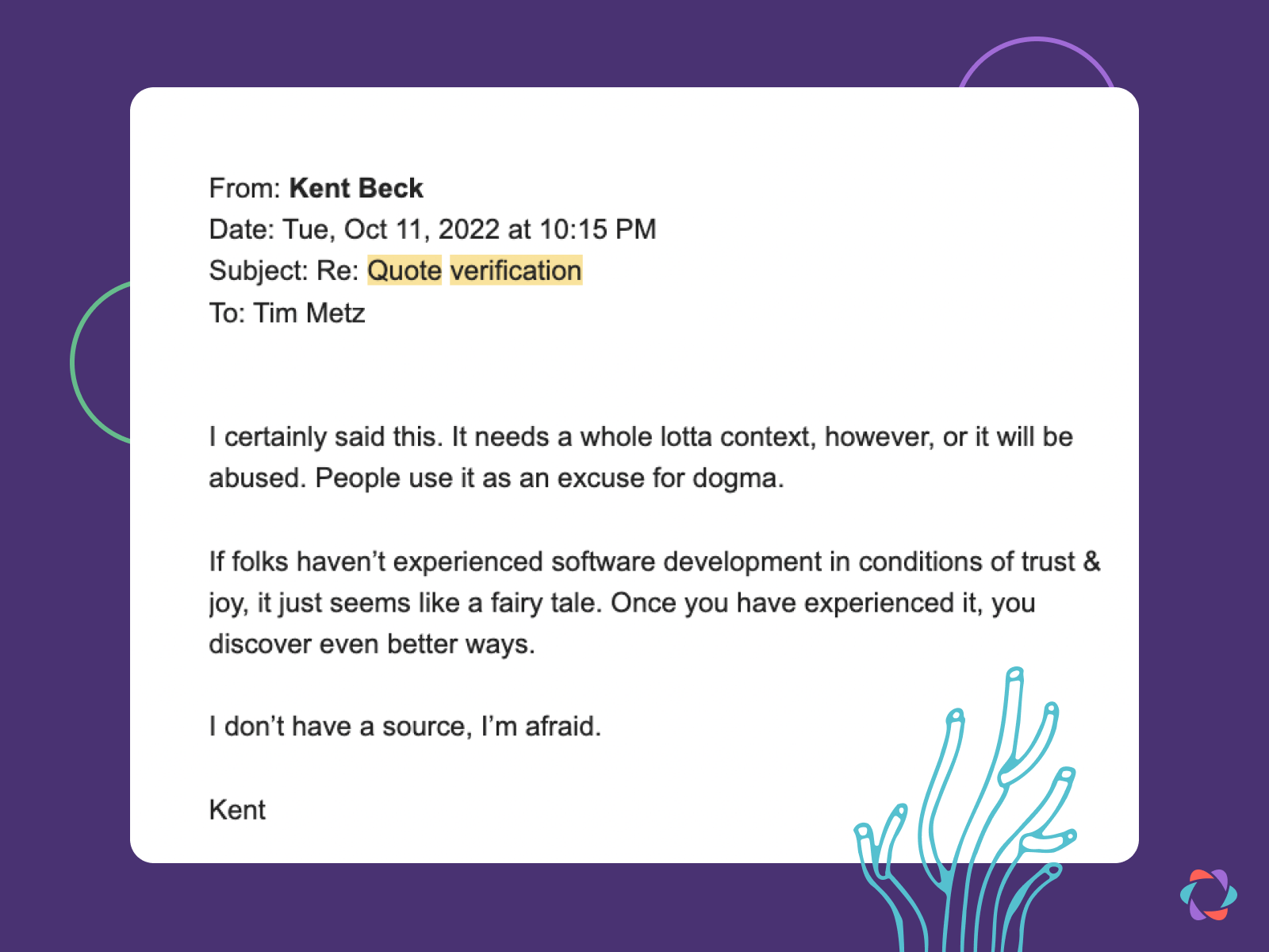 email from kent beck verifying his 80/20 quote