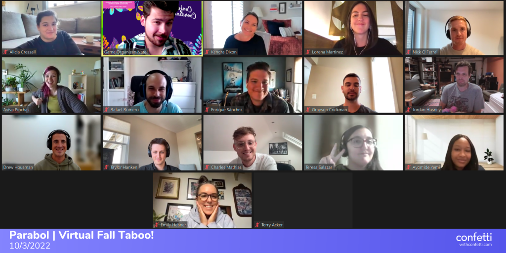 Image description: a screenshot of a Zoom meeting where you can see 16 people smiling at the camera and having fun.