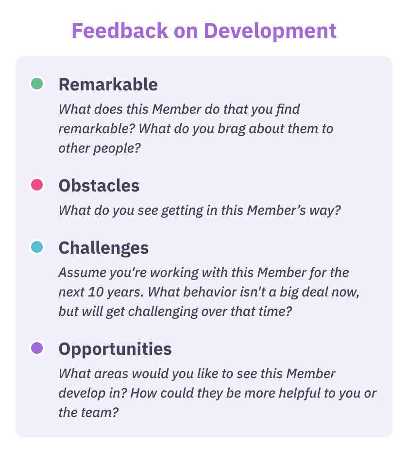 Remarkable - What does this Member do that you find remarkable? What do you brag about them to other people?
Obstacles - What do you see getting in this Member’s way?
Challenges - Assume you're working with this Member for the next 10 years. What behavior isn't a big deal now, but will get challenging over that time?
Opportunities - What areas would you like to see this Member develop in? How could they be more helpful to you or the team?