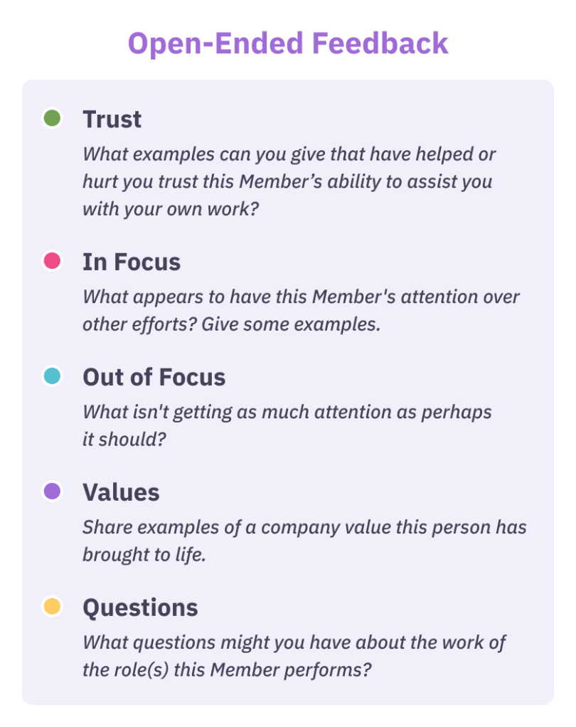 Trust - What examples can you give that have helped or hurt you trust this Member’s ability to assist you with your own work?
In Focus - What appears to have this Member's attention over other efforts? Give some examples.
Out of Focus - What isn't getting as much attention as perhaps it should?
Values - Share examples of a company value this person has brought to life.
Questions - What questions might you have about the work of the role(s) this Member performs?