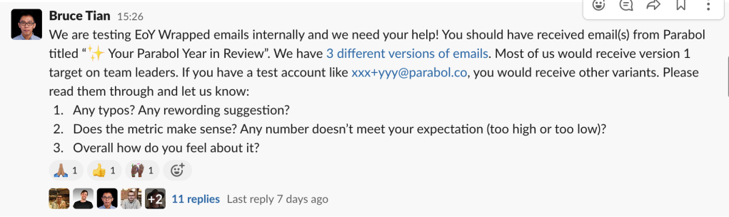 Screenshot of a Slack message soliciting feedback from the team