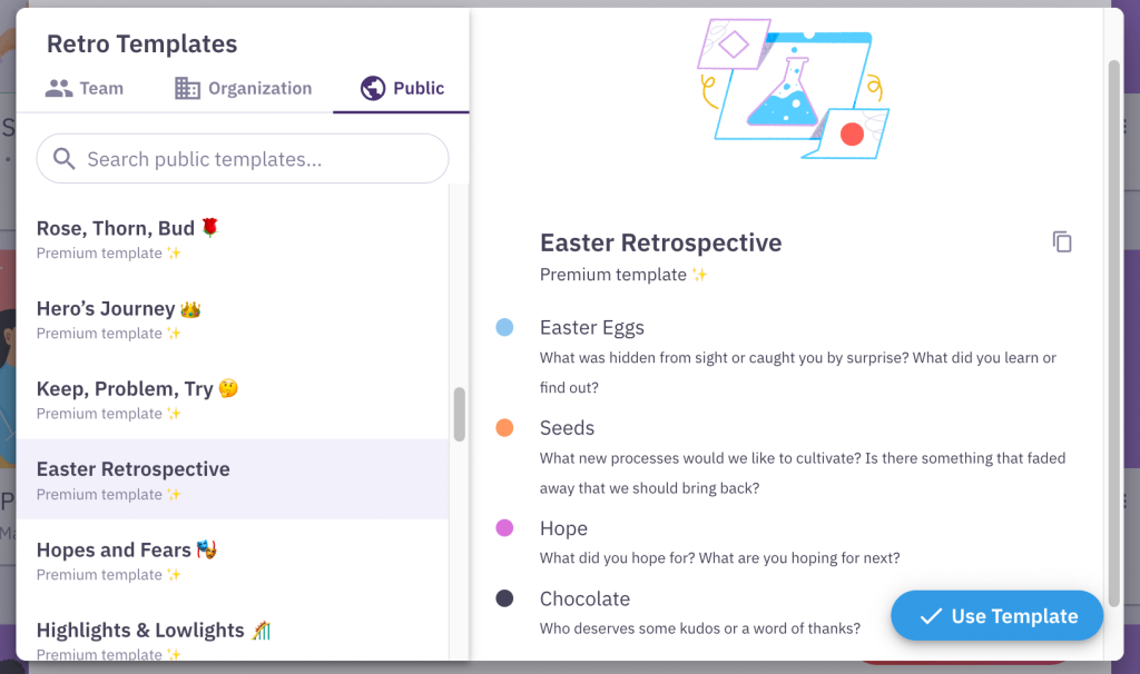 A screenshot of the Parabol template picker interface showing the Easter retrospective