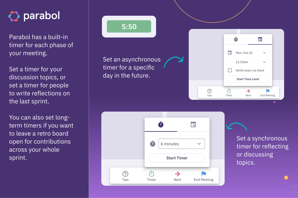 Parabol product screenshots showing how the timer function works in the product. 