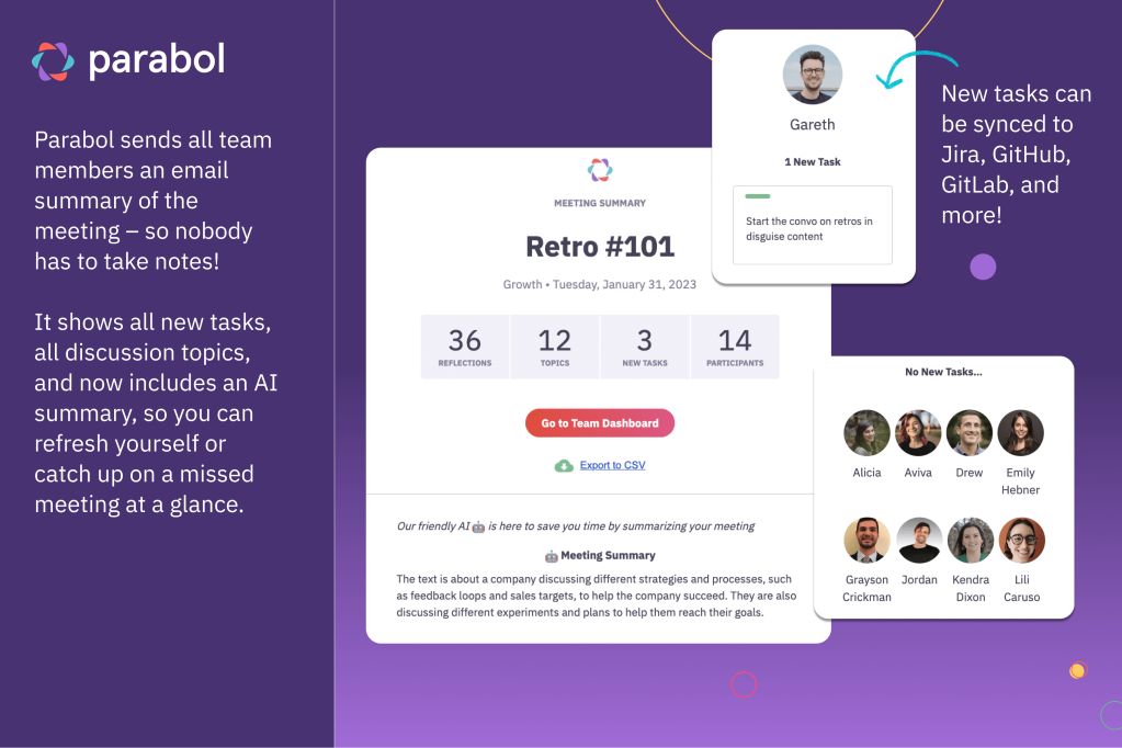 Parabol product screenshots showing the email summary, including the AI component and what new tasks look like. 