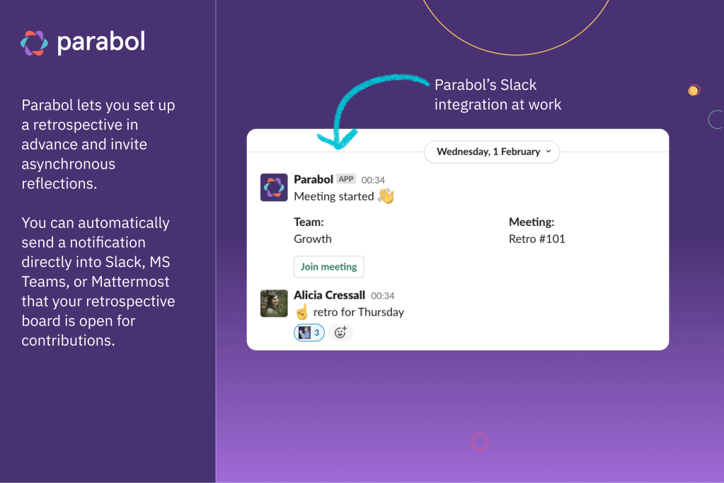 Parabol product screenshot showing what the Slack integration looks like. 