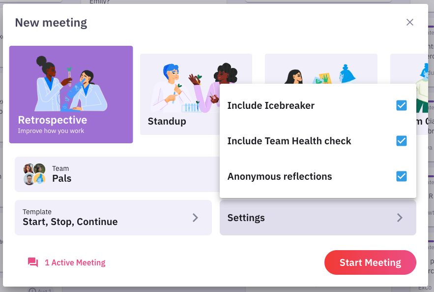 Modal for creating a new meeting in Parabol, showing settings for a retrospective meeting