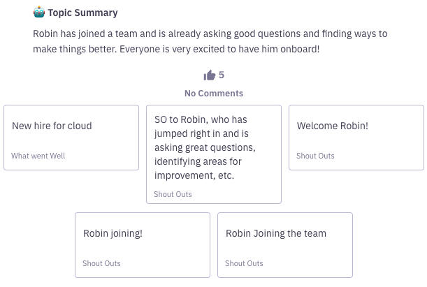Screenshot of retrospective reflections welcoming Robin to the team