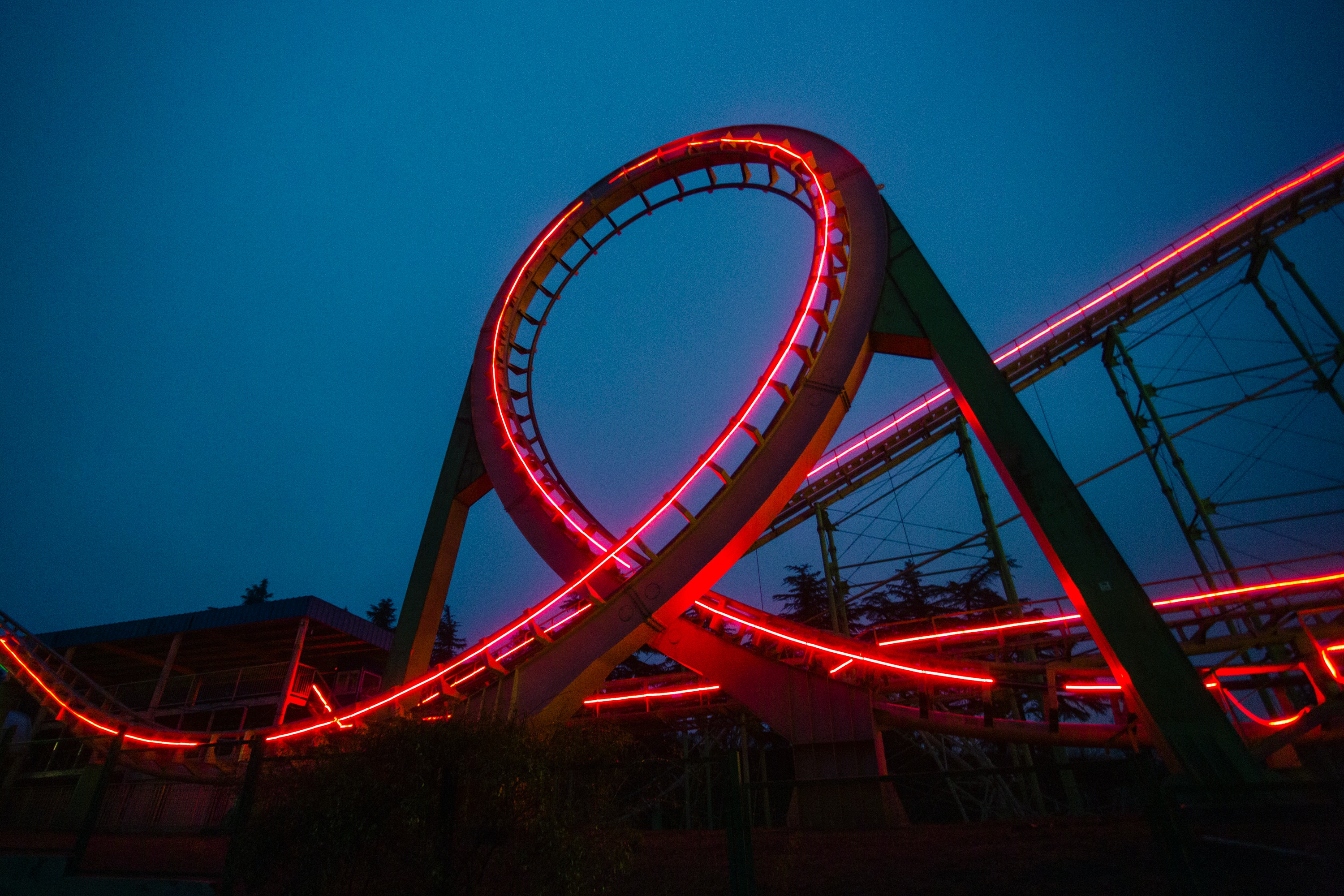 red rollercoaster at night