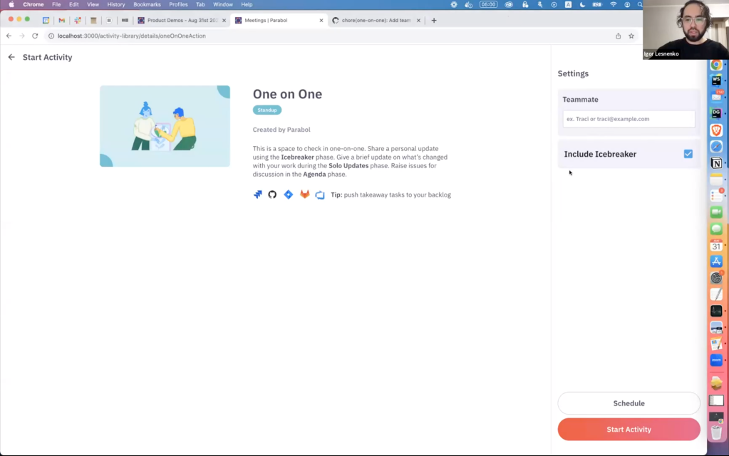 Demo of Parabol's upcoming one-on-one meeting type