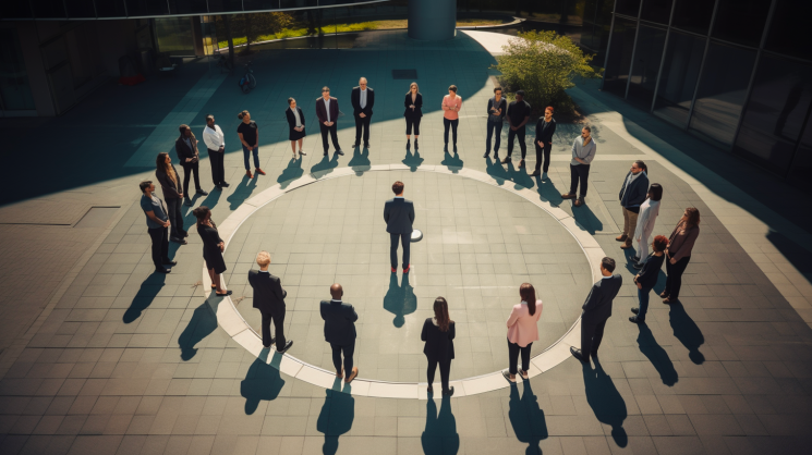 People around a circle in working clothes
