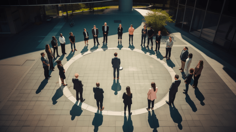 People around a circle in working clothes