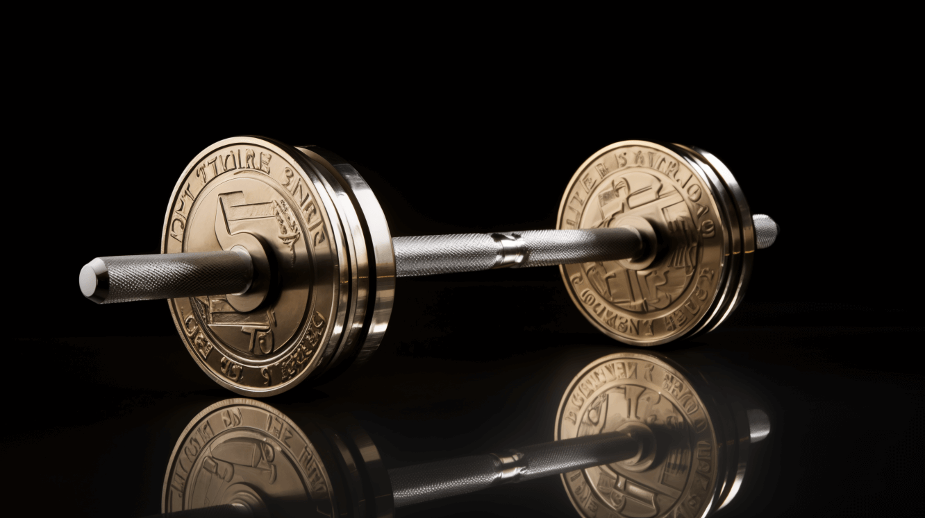 a barbell with the weights made out of golden coins