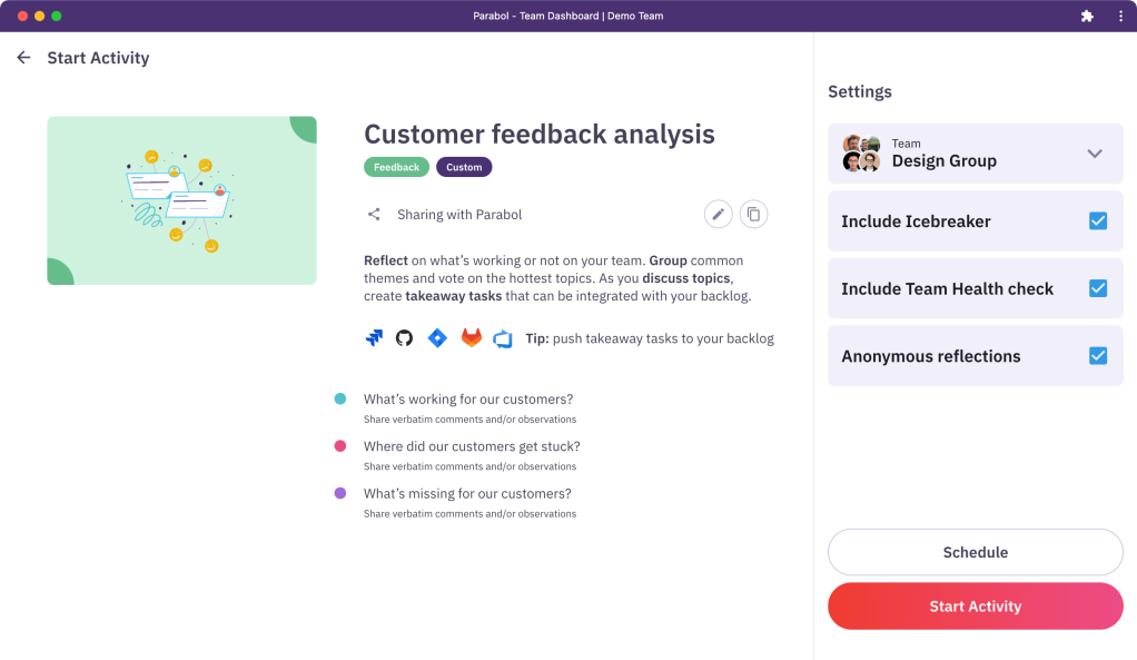 Customer feedback analysis activity by Parabol