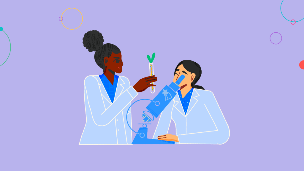 a decorative image showing two scientists, one with a test-tube and the other looking through a microscope