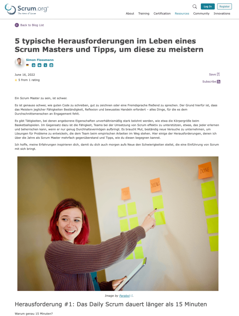 Parabol's image of Aviva Pinchas pointing to a sticky note is included in a blog on scrum.org.