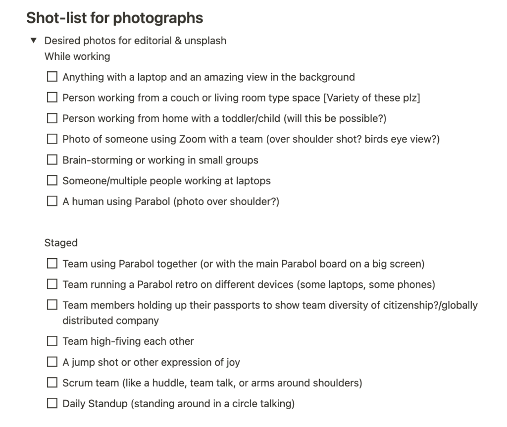 Screenshot showing the initial list of photos the Parabol team wanted to create.
