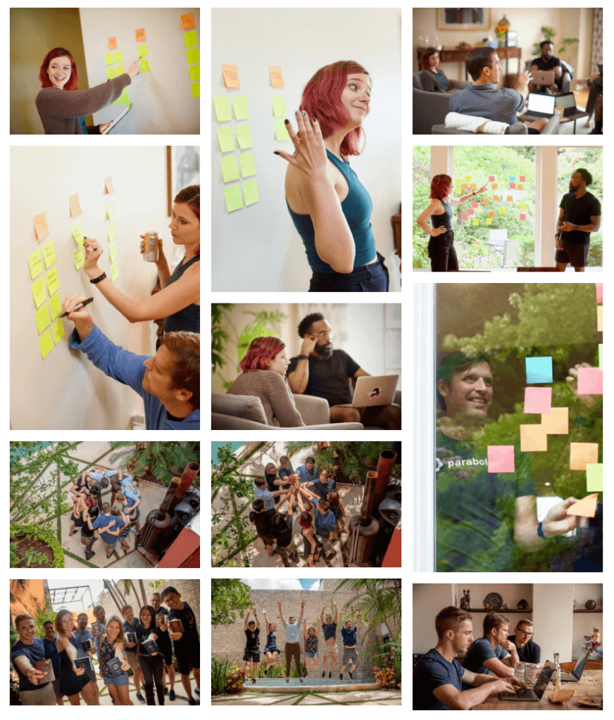 An overview of the Parabol unsplash presence, showing images of people with sticky notes, doing team building activities, and working at laptops.