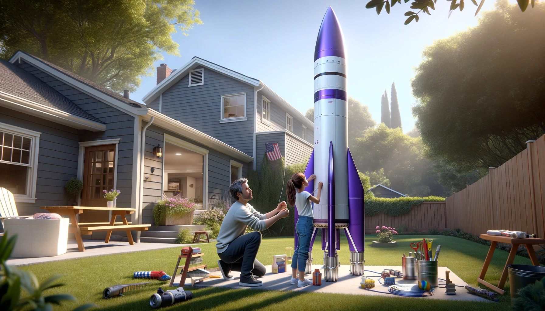 A father and a daughter build a full-sized rocket in their suburban backyard