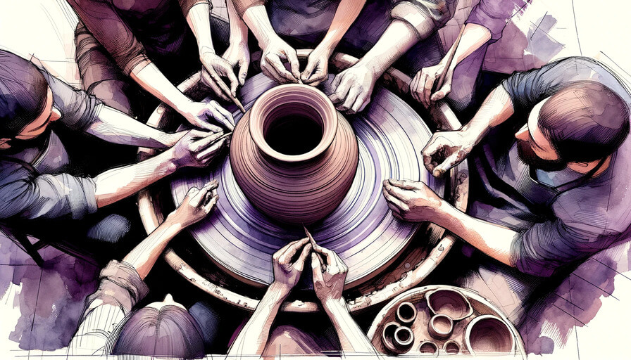A group of people shaping pottery together, illustration