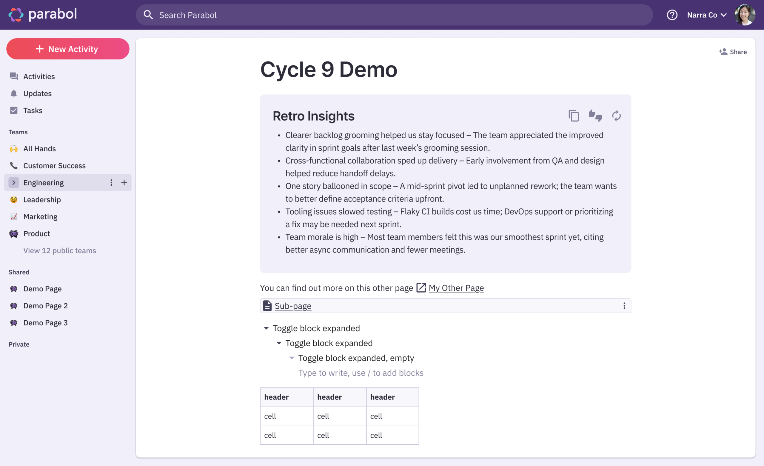 example of new meeting summary in parabol