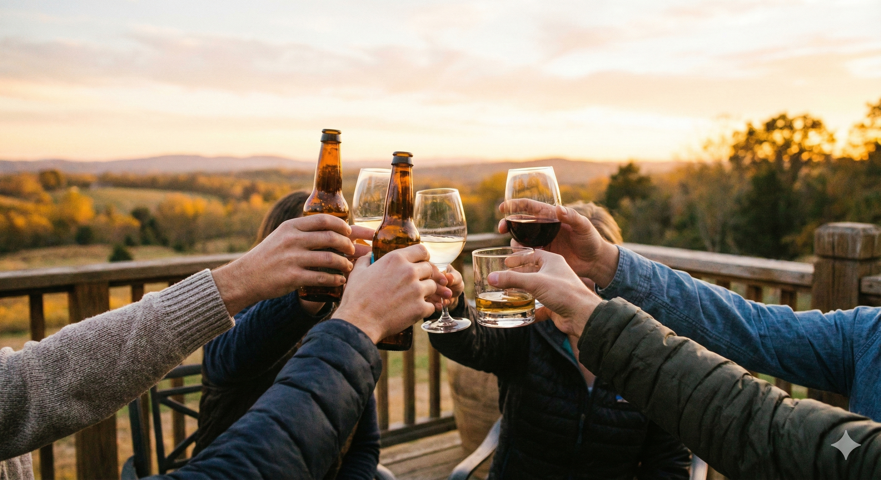 a team cheers at sunset