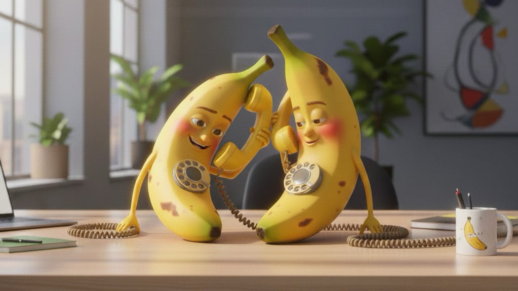 Banner image for the banana phone game. It is two humanoid phone-shaped bananas. One is whispering in the other's ear.
