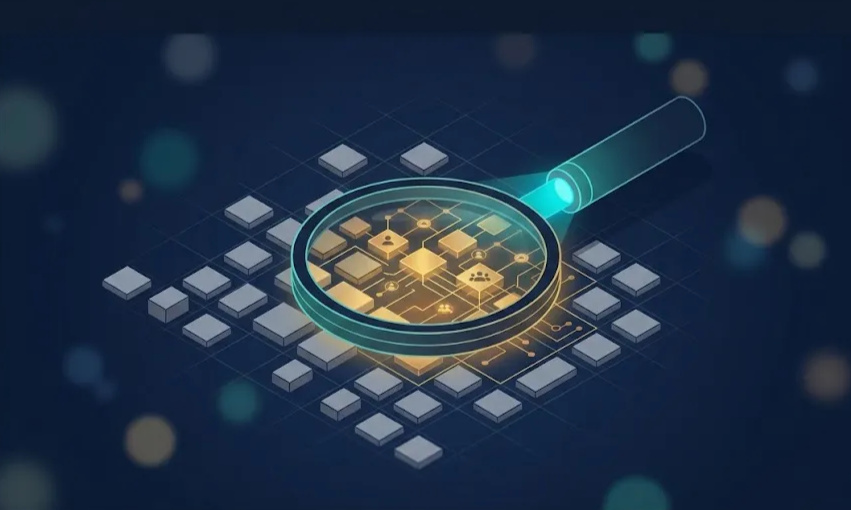 Image of a magnifying glass inspecting a set of circuit-like digital assets