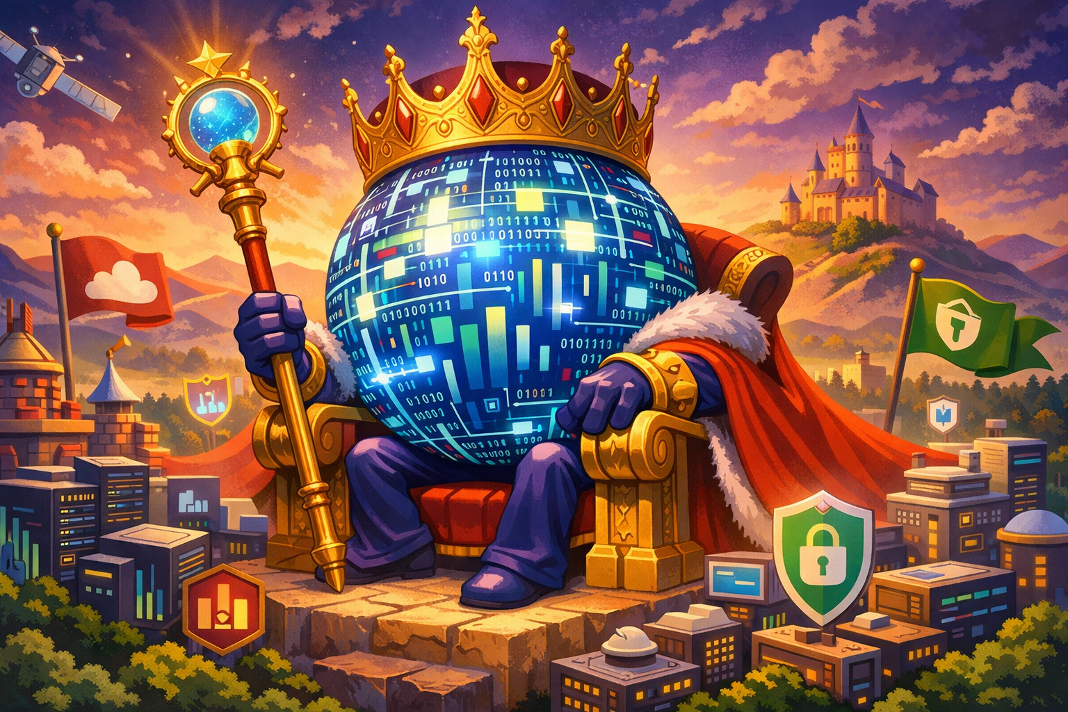 Data Sovereignty A hero image of a ball of data wearing a crown, lording over their realm with a scepter in its hand