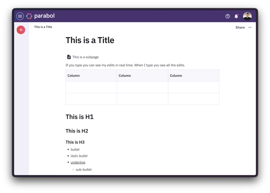 Parabol Pages example page after typography changes