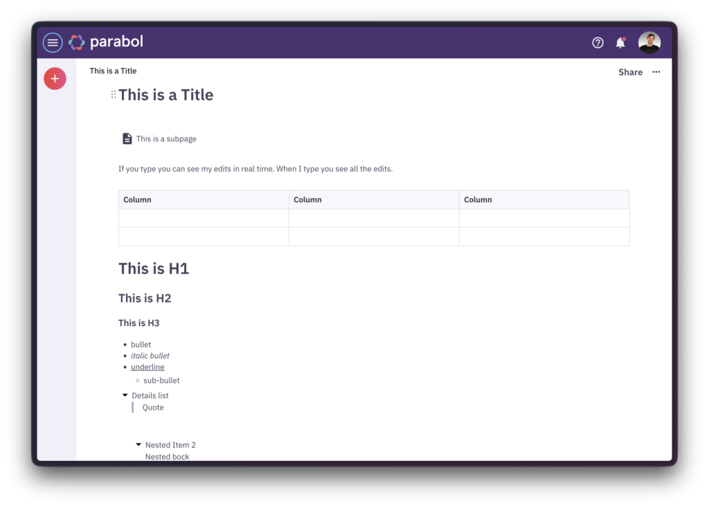 Parabol Pages example page before typography changes