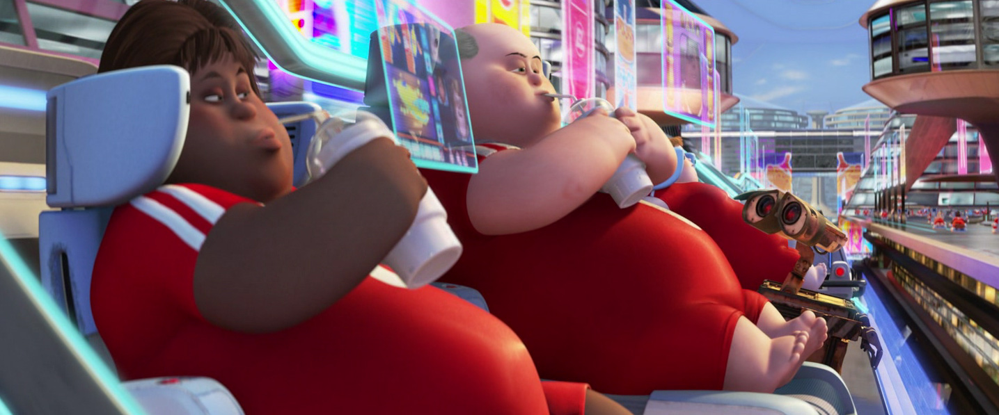 A movie still from Wall-E showing out of shape people in recliners