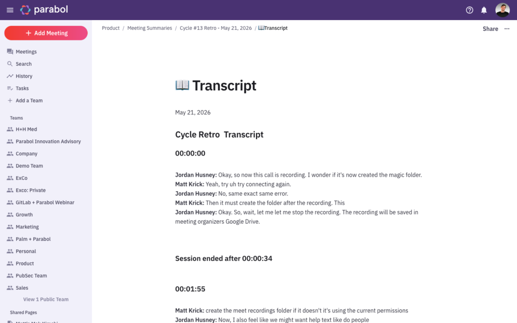 An example transcript output directly in Parabol