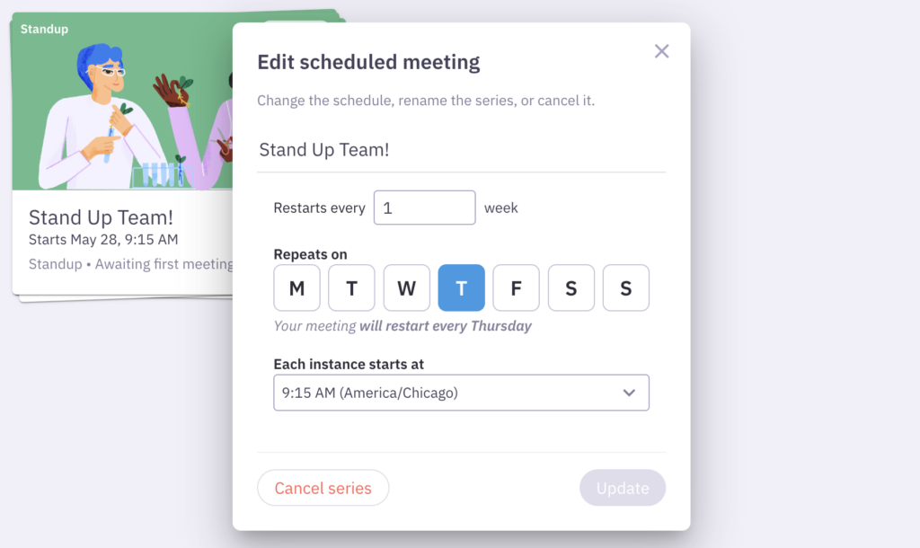 Screen capture of how the redesigned method to edit a meeting series settings now works
