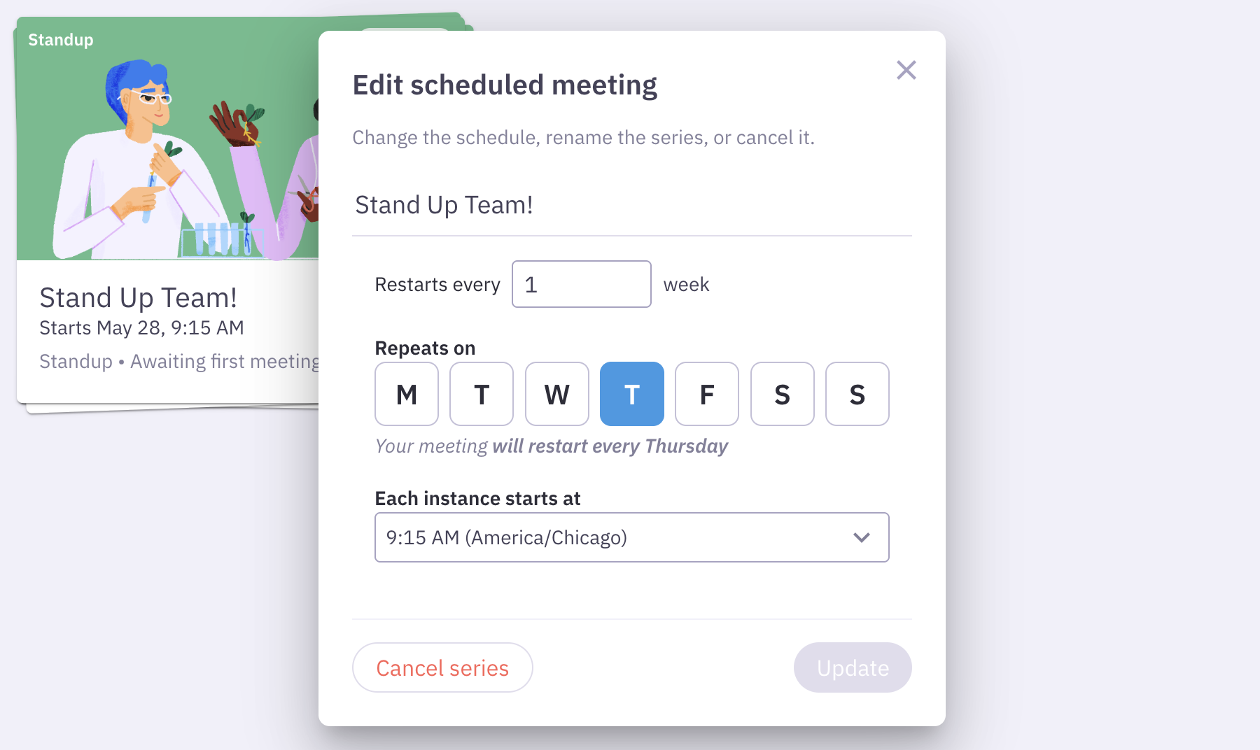 Parabol Screencap of Meeting Scheduling Redesign Screen capture of how the redesigned method to edit a meeting series settings now works