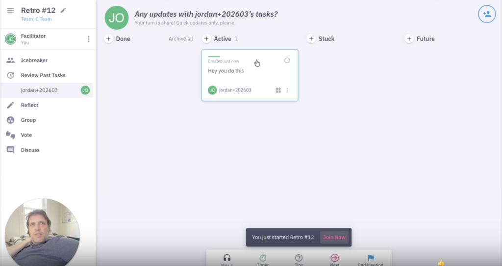 A screenshot of first prototype of retrospective task review feature