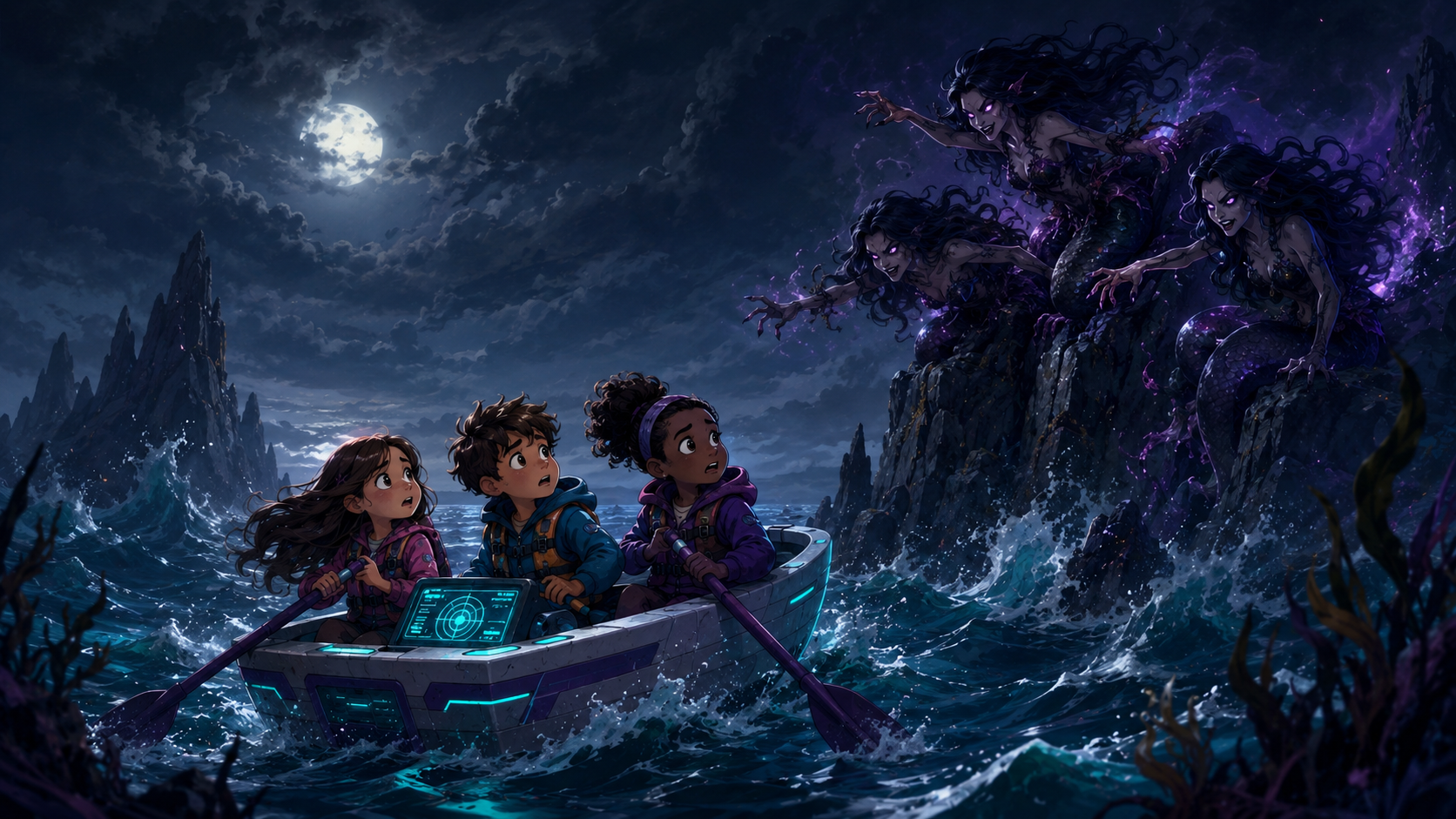 Shaping Features in 2026 Parabol Friday Ship Header A dark-themed image from a children's book featuring three kids in a boat with a laptop trying to steer clear of 3 scary-looking sirens on a rocky outcropping