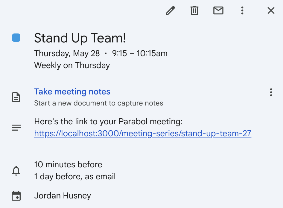 A Google meeting invitation generated for a Parabol Stand Up Series, now with descriptive slug