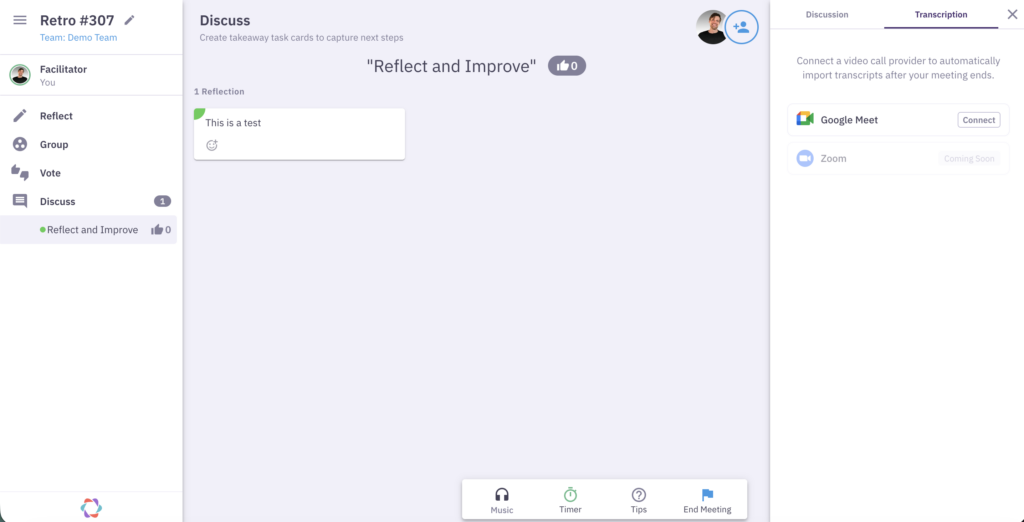 A screenshot showing how to set up Transcription during a meeting on Parabol