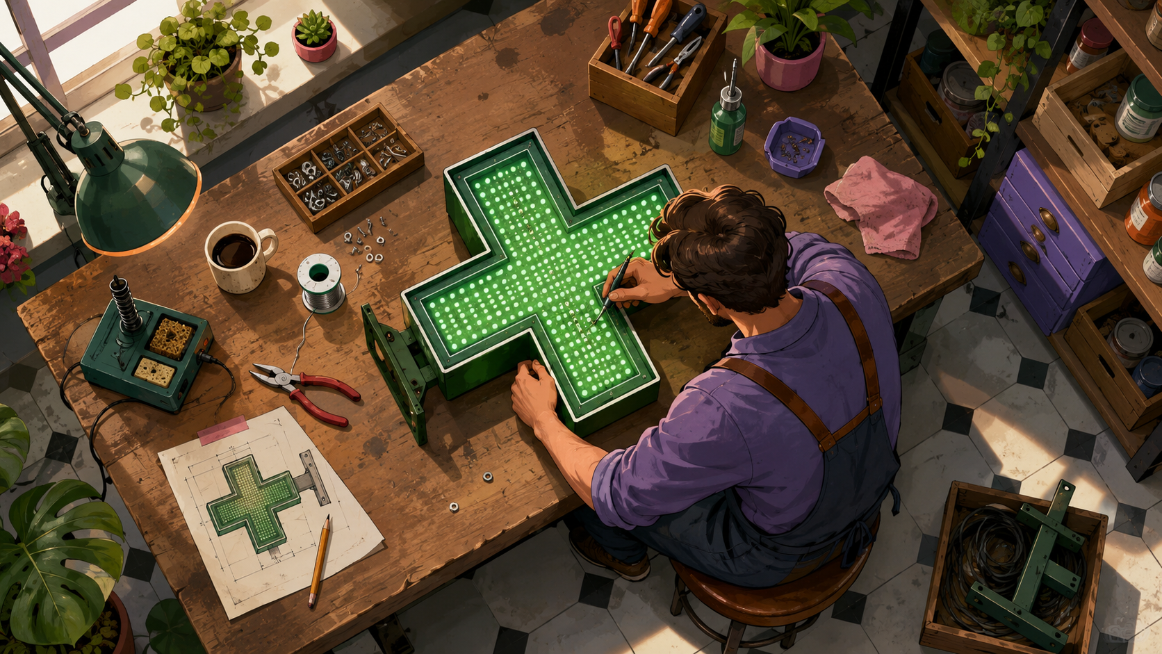 An illustration of a man in his workshop repairing a European apothecary sign